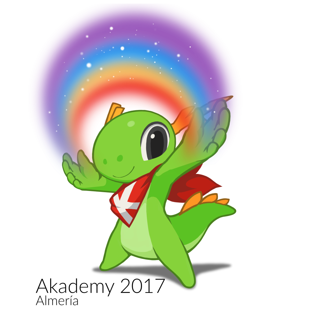 KDE mascot Konqi holding a rainbow